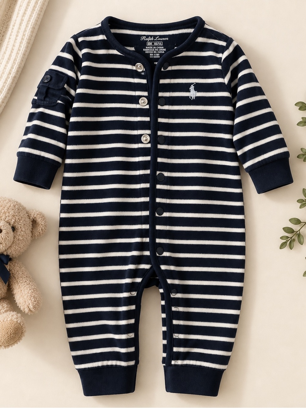 Ralph Lauren Baby Boys Navy Striped One-Piece Romper – 6M